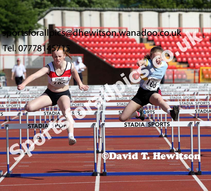 Under-13 girls 75 metres hurdles at the North Eastern Championships, Gateshead International Stadium.  Photos: David T. Hewitson/Sports for All Pics